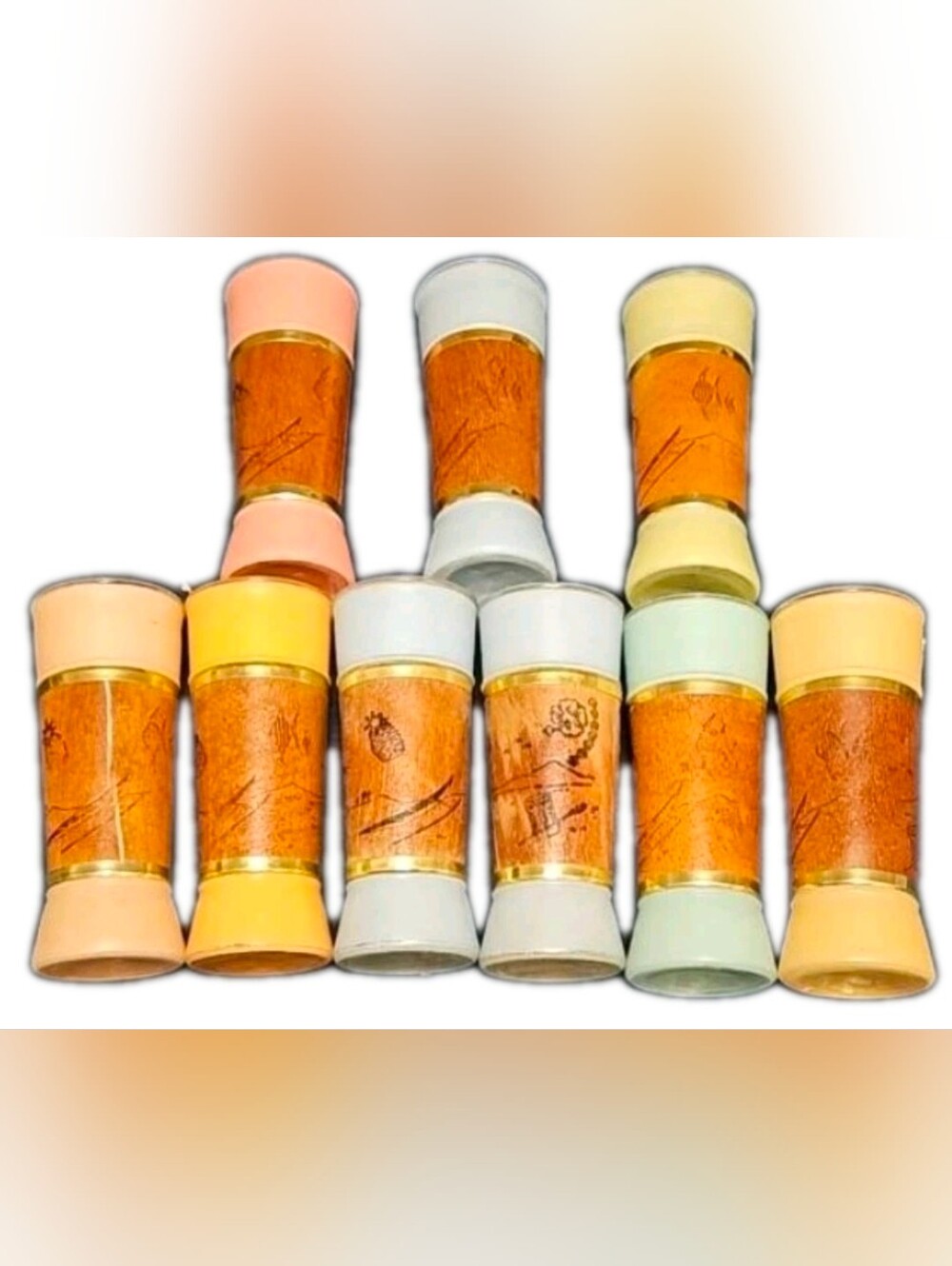 MCM Siesta Ware Frosted Pastel Tiki Glasses Wood Wrap - Set of 9 Vintage